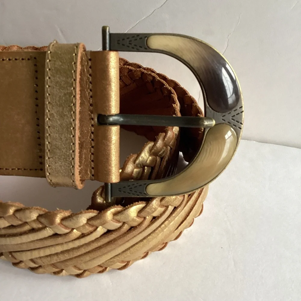 Linea Pelle Belt Small Gold Leather Braided Wide Statement